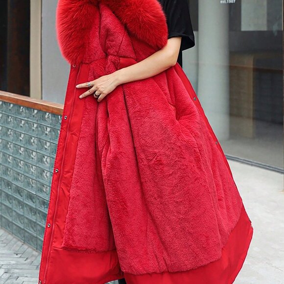 Red Casual Women's Mid-Length Slim Fit Down Jacket with Elastic Waist - Picture 4 of 4